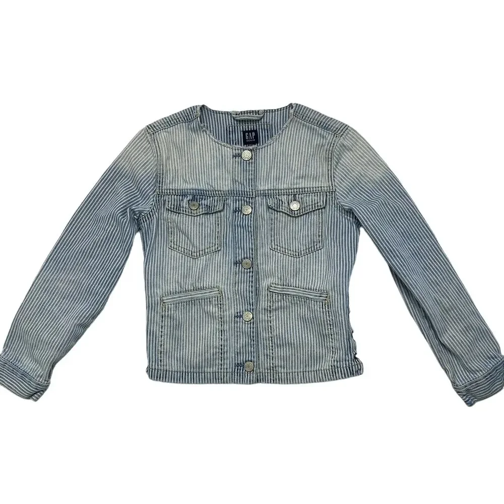 GAP KIDS Railroad Stripe Denim Jacket Size Large 10-11y Girls Lace Up Side Blue